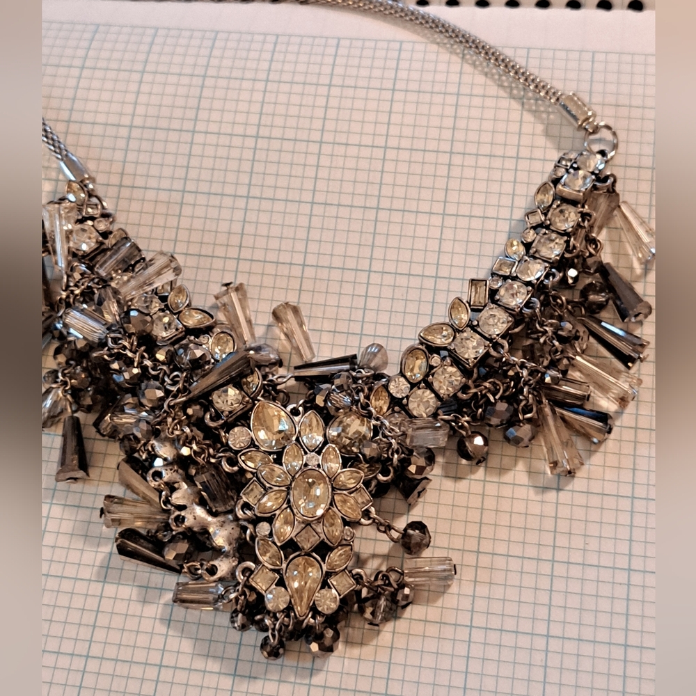Premier Designs Silver Diamond Floral Detachable Pendant Statement Long Necklace